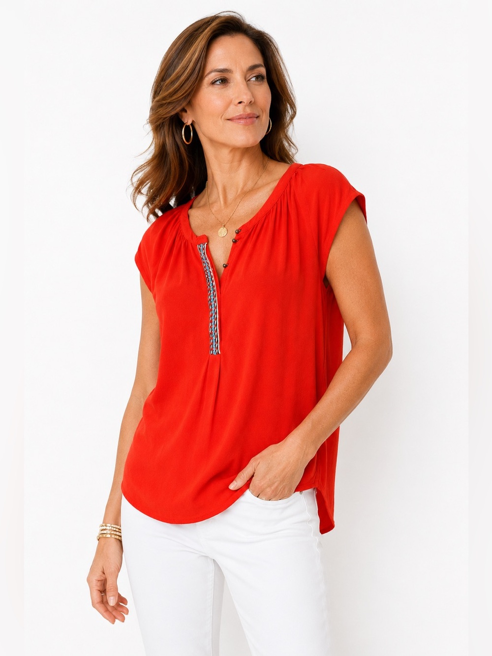 Daniel Rainn Split Neck Blouse Red Rayon Boho Career Casual Top Medium